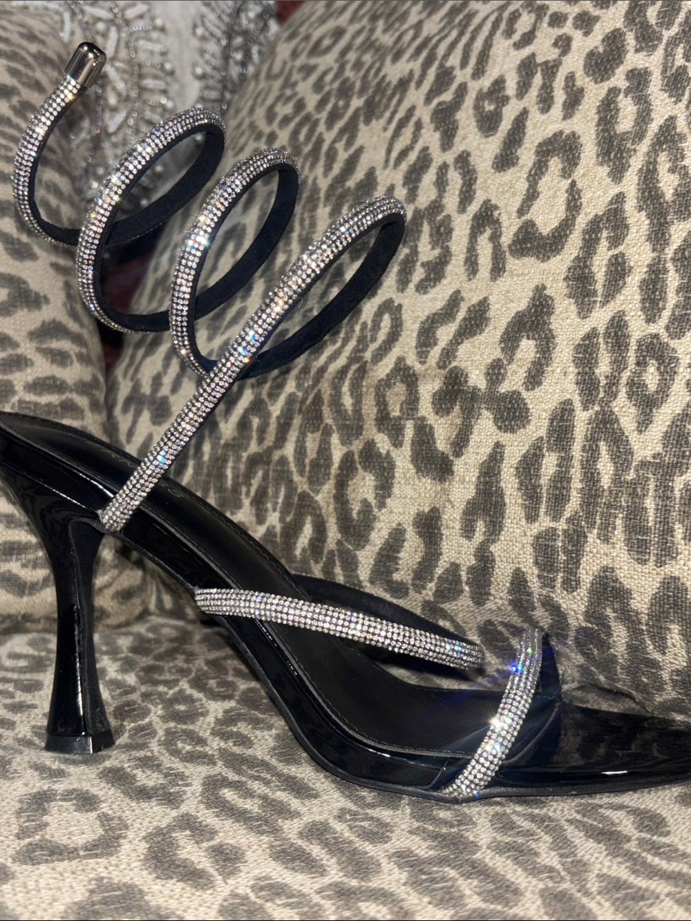 Black Rhinestone Spiral Strap Heeled Sandals black tie formal evening dress shoe